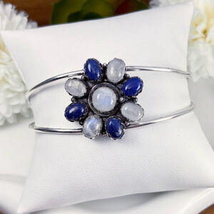 Southwest Lapis Lazuli & Blue Moonstone Flower Bracelet Cuff Adjustable New 925